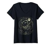 Women's Celestial Jimothy Raccoon Forest Art for Magic Moon Nature V-Neck T-Shirt