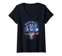 Women's Celestial Lion Galaxy Space Savanna Night Sky Design V-Neck T-Shirt