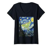 Women's Celestial Luna Moth Van Gogh Starry Night Art V-Neck T-Shirt