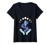 Women's Celestial Magic Hands Moon Phases Boho Line Art V-Neck T-Shirt
