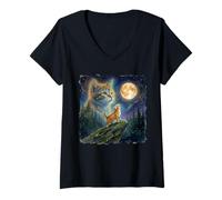 Women's Celestial Moon Cat Ginger Kitten Night Sky Art V-Neck T-Shirt
