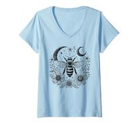 Women's Celestial Moon Magic Bee Art Sun, Moon and Cloud Dial Art V-Neck T-Shirt
