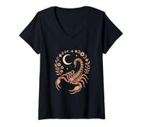 Womens Celestial Moon Stars Floral Scorpio Zodiac Symbol V-Neck T-Shirt