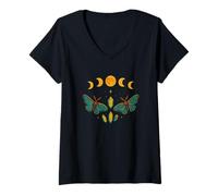 Womens Celestial Moths & Moon Phases - Mystical Cosmic V-Neck T-Shirt