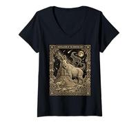 Women's Celestial Mountain Goat Tarot Card Capra Constellation Moon V-Neck T-Shirt