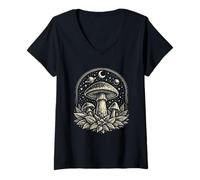Women's Celestial Mushroom Moon Planet Witchy Fungi Forest V-Neck T-Shirt