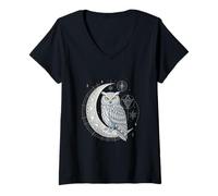 Womens Celestial Owl Geometric Art Moon Phases and Cosmic Symbol V-Neck T-Shirt