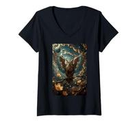 Womens Celestial Owl Wildlife Flying Creature Bird Wisdom V-Neck T-Shirt
