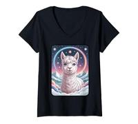 Women's Celestial Rainbow Alpaca Llama Starry Night V-Neck T-Shirt