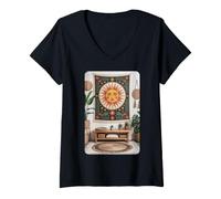 Women's Celestial Sun Face Retro Artwork Meditation Space V-Neck T-Shirt