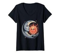 Women's Celestial Sun & Moon Embrace - Mystical Cosmic Harmony Art V-Neck T-Shirt