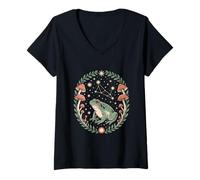 Womens Celestial Toad Under Stars with Forest Mushrooms V-Neck T-Shirt