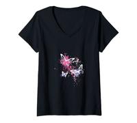 Womens Celestial Tropics Pink Paint and Butterflies V-Neck T-Shirt