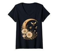 Womens Celestial Vintage Bee Tarot Card Floral Bee Cottagecore V-Neck T-Shirt