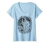 Women's Celestial Yin-Yang Fox Sun and Moon Boho Woodland Art V-Neck T-Shirt