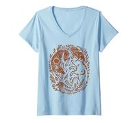 Women's Celestial Yin-Yang Fox Sun and Moon Boho Woodland Art V-Neck T-Shirt