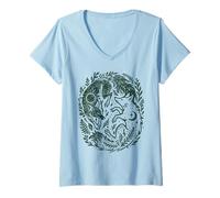 Women's Celestial Yin-Yang Fox Sun and Moon Boho Woodland Art V-Neck T-Shirt