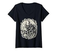 Women's Celestial Yin-Yang Fox Sun and Moon Boho Woodland Art V-Neck T-Shirt