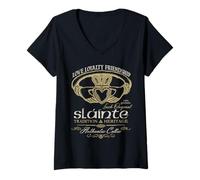 Women's Celtic Claddagh Slainte St. Patrick's Day Tan Letters V-Neck T-Shirt