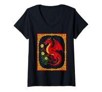 Women's Celtic Red Dragon Holding a Daffodil V-Neck T-Shirt