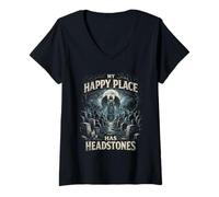 Women's Cemetery Goth My Happy Place Has Headstones V-Neck T-Shirt
