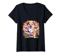 Womens Cerberus Corgi Three-Headed Hellhound Mythology Dog Lover V-Neck T-Shirt