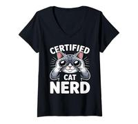 Women's Certified Cat Nerd Cute Funny Kitty Lover V-Neck T-Shirt