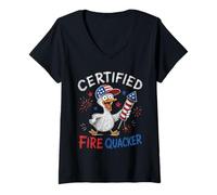 Women's Certified Fire Quacker Funny Patriotic Duck Doodle 4th July V-Neck T-Shirt