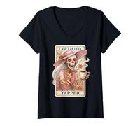 Womens Certified Yapper Shirt Funny Skeleton Coffee Tarot Card V-Neck T-Shirt