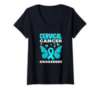 Womens Cervical Cancer Awareness Teal Ribbon Butterfly Support V-Neck T-Shirt
