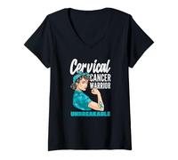Women's Cervical Cancer Warrior Unbreakable Strong Woman Teal Ribbon V-Neck T-Shirt