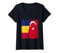Womens Chad Turkey Half Flag Turkiye Chadian Turkish Heritage V-Neck T-Shirt