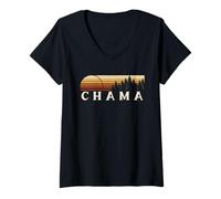 Womens Chama, NM Vintage Evergreen Sunset Eighties Retro V-Neck T-Shirt