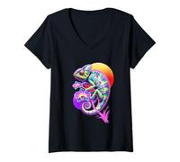 Womens Chameleon Floral Retro Nature and Reptile Art Lovers V-Neck T-Shirt