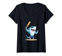 Women's Champion Six Cricket Shark Cool Cartoon V-Neck T-Shirt