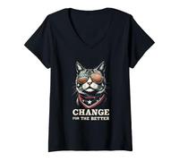 Women's Change for THE Better Cool Cat with Sunglasses V-Neck T-Shirt