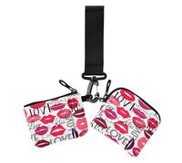 Women's Change Wallet Card Cases Valentines Kisses Lips Red Doodles Love Thin Flat Credit Card Wallet Case with Wristle Strap for Work Travel 2 Pcs, valentines kisses lips red Doodles love, 4.13" x