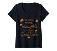 Womens Change Your Thoughts Choose Gratitude Motivational Autumn V-Neck T-Shirt
