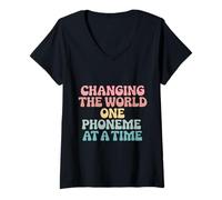 Women's Changing the World One Phoneme at a Time Therapist SLP Retro V-Neck T-Shirt