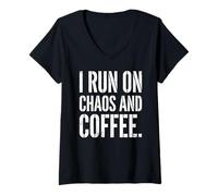 Women's Chaos & Coffee Funny Distressed Quote Graphic Caffeine Lover V-Neck T-Shirt
