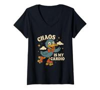 Womens Chaos Is My Cardio Funny Roller Duck Retro Graphic V-Neck T-Shirt