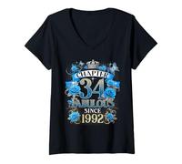 Womens Chapter 34 Fabulous Since 1992 34th Birthday Women Blue Rose V-Neck T-Shirt