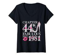 Womens Chapter 44 Fabulous Since 1981 Diamond Heels 44th Birthday V-Neck T-Shirt