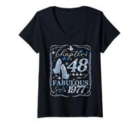 Womens Chapter 48 Fabulous Since 1977 48th Diamond Birthday Queen V-Neck T-Shirt