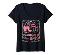 Womens Chapter 76 Fabulous Since 1949 Diamond Heels 76th Birthday V-Neck T-Shirt