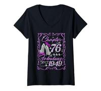 Womens Chapter 76 Fabulous Since 1949 Diamond Heels 76th Birthday V-Neck T-Shirt