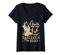 Womens Chapter 77 Fabulous EST 1949 77th Birthday Queen Diamond V-Neck T-Shirt