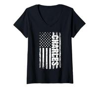 Womens Charles Personal Name American Flag Retro Men Women Funny V-Neck T-Shirt