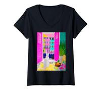Women's Charleston Pastel Homes Cat Balcony View V-Neck T-Shirt