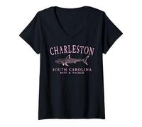 Womens Charleston South Carolina Shark Fishing Arched Pink Letters V-Neck T-Shirt